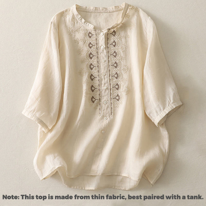 Camisa de lino y algodón con bordado simétrico de Buddha Stones para mujer, de media manga - image 18