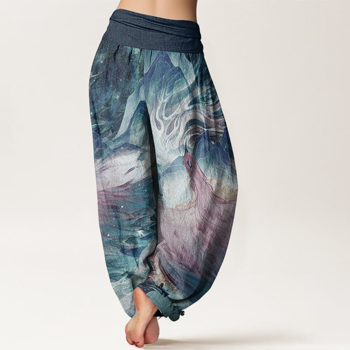 Pantalones harén de algodón puro con estampado de criaturas míticas y Buddha Stones para mujer, con cintura elástica - image 1
