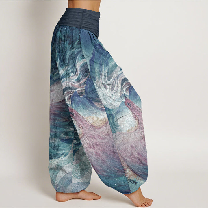 Pantalones harén de algodón puro con estampado de criaturas míticas y Buddha Stones para mujer, con cintura elástica - image 2