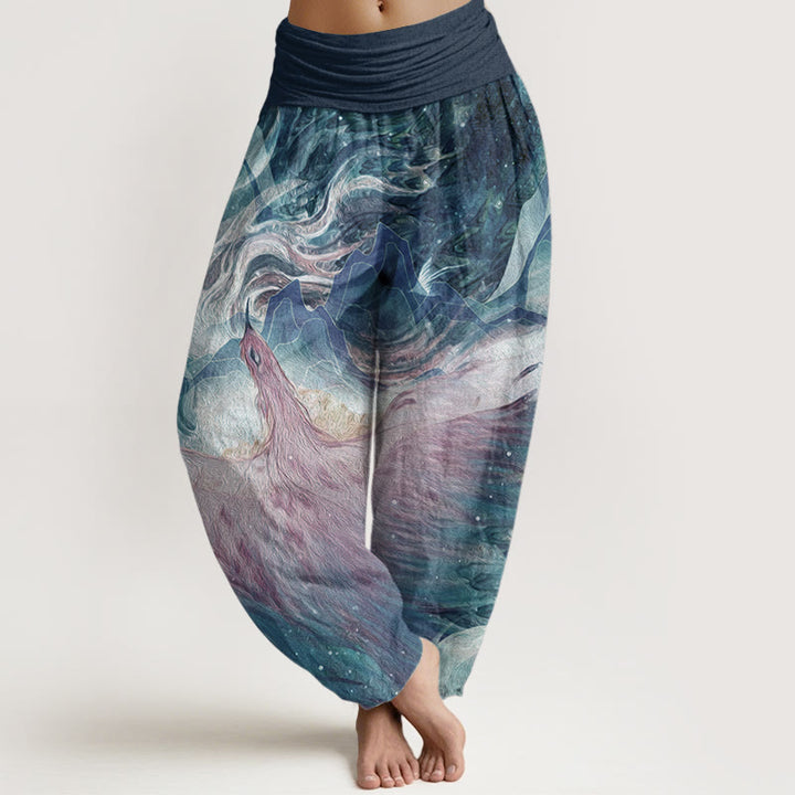 Pantalones harén de algodón puro con estampado de criaturas míticas y Buddha Stones para mujer, con cintura elástica - Azul acero - US22，UK/AU26，EU54 (6XL) - image 0