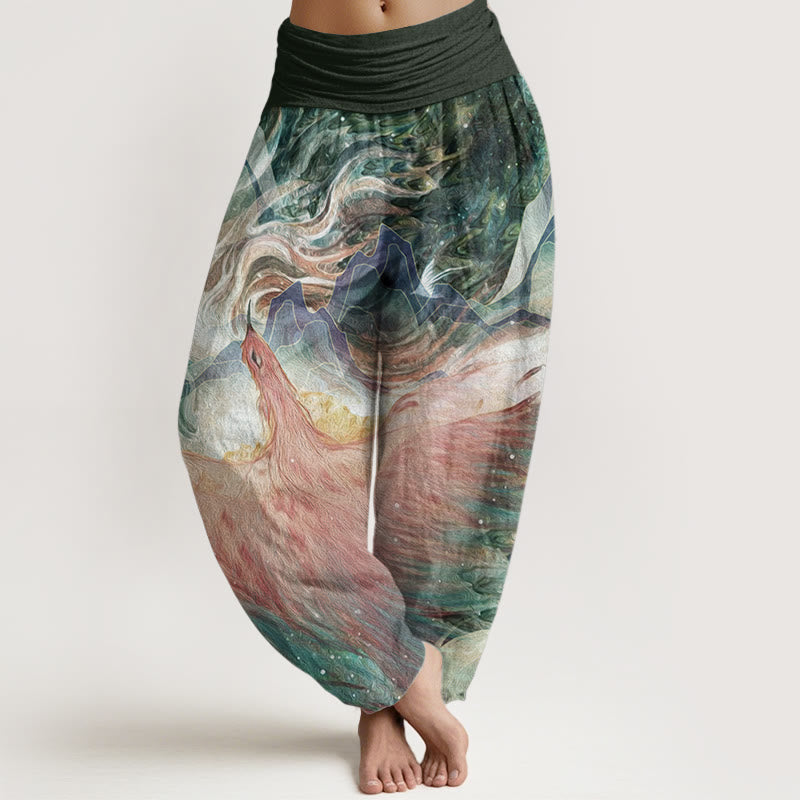 Pantalones harén de algodón puro con estampado de criaturas míticas y Buddha Stones para mujer, con cintura elástica - Verde oscuro - US22，UK/AU26，EU54 (6XL) - image 6
