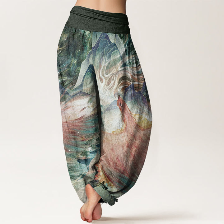 Pantalones harén de algodón puro con estampado de criaturas míticas y Buddha Stones para mujer, con cintura elástica - image 7