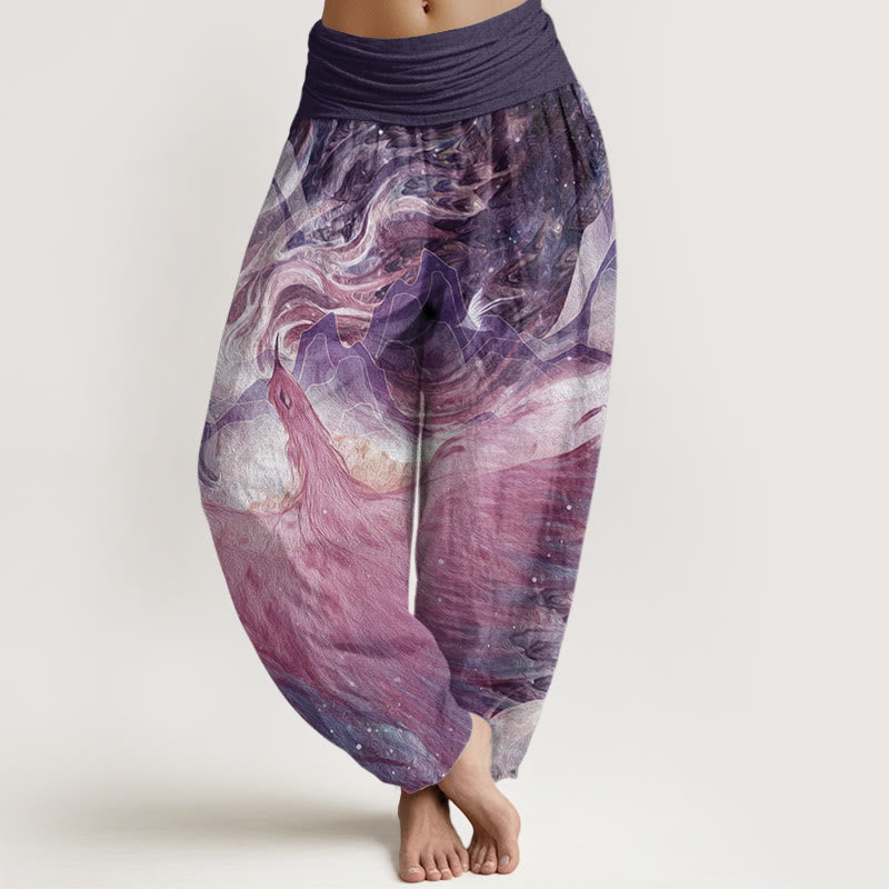 Pantalones harén de algodón puro con estampado de criaturas míticas y Buddha Stones para mujer, con cintura elástica - Púrpura - US22，UK/AU26，EU54 (6XL) - image 9