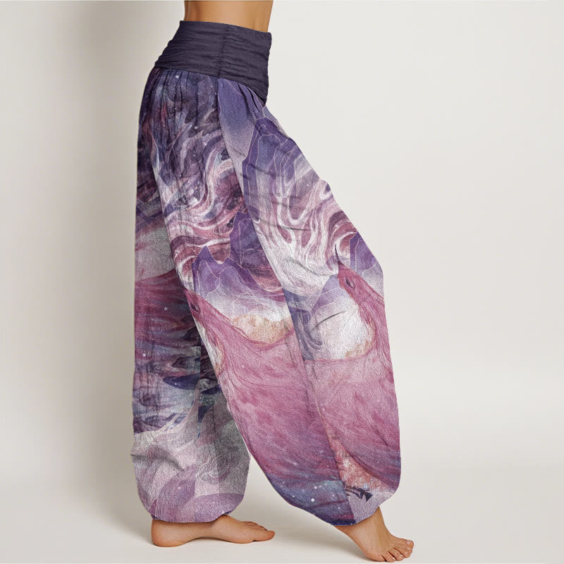 Pantalones harén de algodón puro con estampado de criaturas míticas y Buddha Stones para mujer, con cintura elástica - image 11