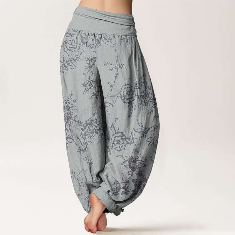 Pantalones harén de algodón puro con estampado floral de Buddha Stones para mujer, cintura elástica - image 1