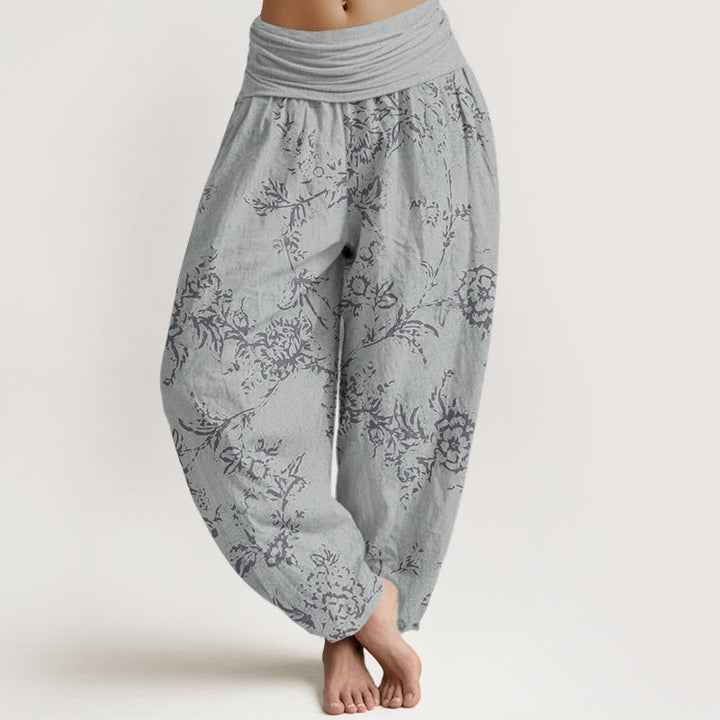Pantalones harén de algodón puro con estampado floral de Buddha Stones para mujer, cintura elástica - Turquesa pálido - US22，UK/AU26，EU54 (6XL) - image 0