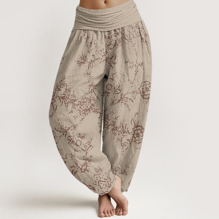 Pantalones harén de algodón puro con estampado floral de Buddha Stones para mujer, cintura elástica - Caqui - US22，UK/AU26，EU54 (6XL) - image 6