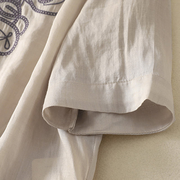 Camiseta informal de algodón y lino para mujer, de media manga, con cuello en V y bordado de Buddha Stones - image 5