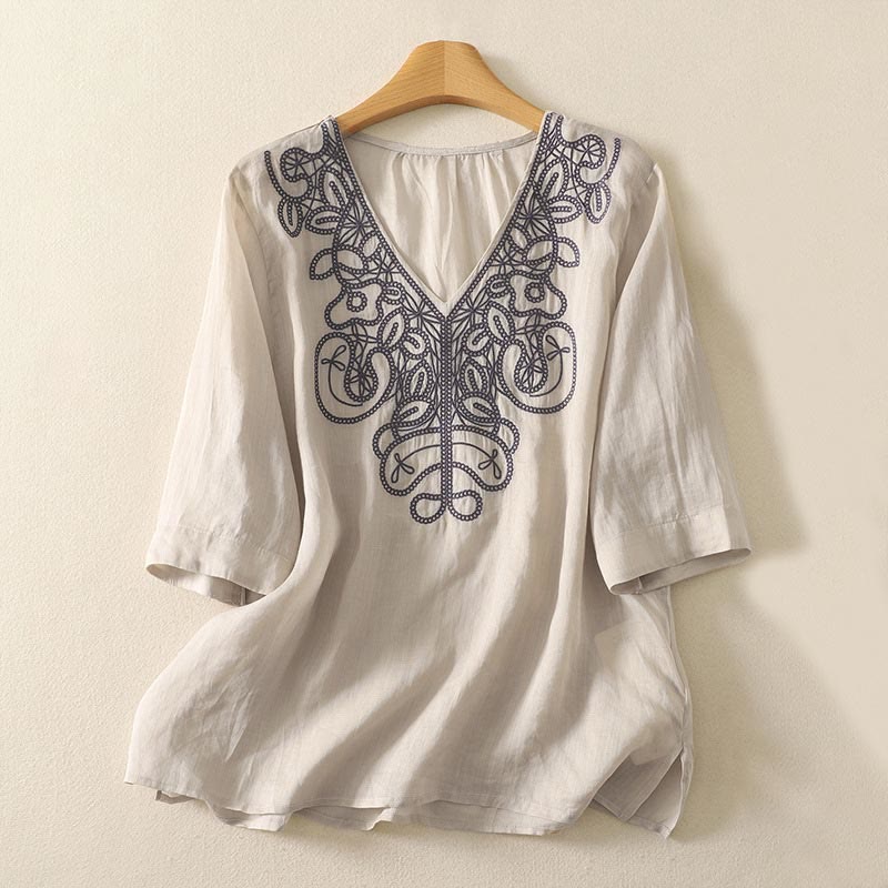 Camiseta informal de algodón y lino para mujer, de media manga, con cuello en V y bordado de Buddha Stones - Beige - US14，UK/AU18，EU46 (2XL) - image 0