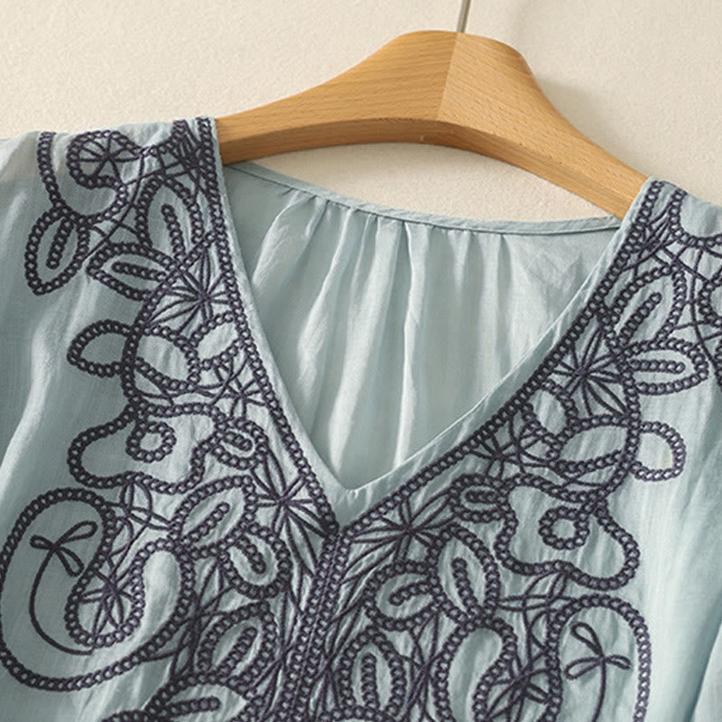 Camiseta informal de algodón y lino para mujer, de media manga, con cuello en V y bordado de Buddha Stones - image 8