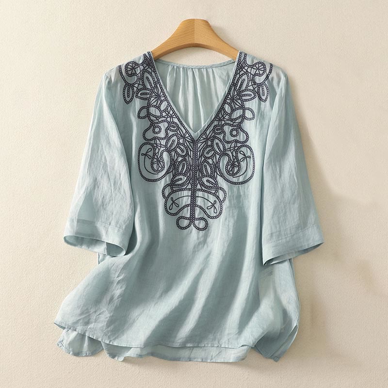 Camiseta informal de algodón y lino para mujer, de media manga, con cuello en V y bordado de Buddha Stones - Turquesa pálido - US14，UK/AU18，EU46 (2XL) - image 6