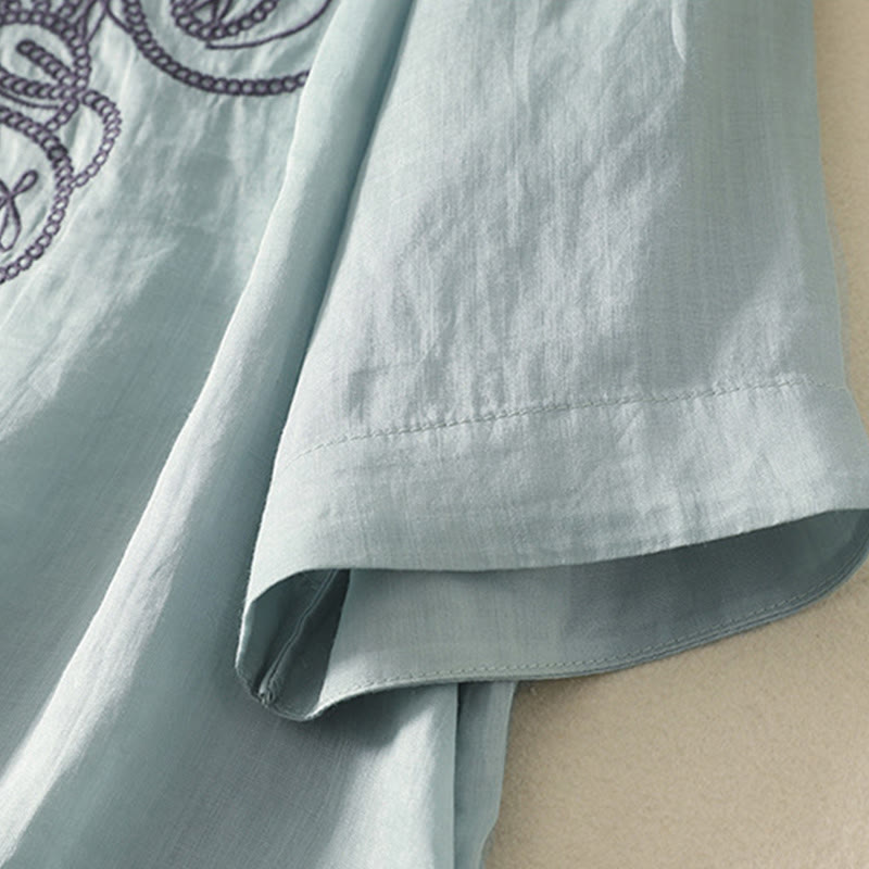 Camiseta informal de algodón y lino para mujer, de media manga, con cuello en V y bordado de Buddha Stones - image 11