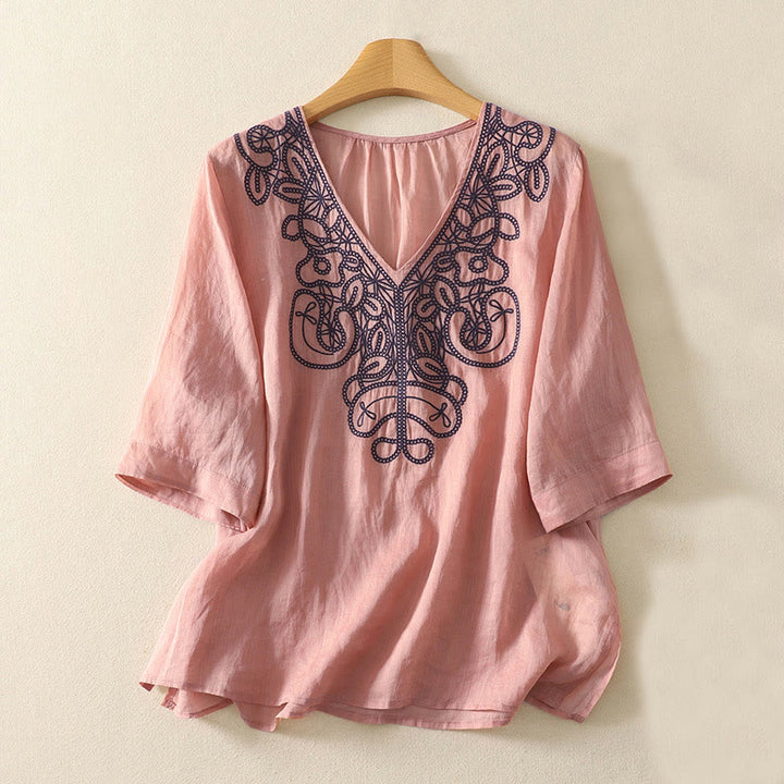 Camiseta informal de algodón y lino para mujer, de media manga, con cuello en V y bordado de Buddha Stones - Coral claro - US14，UK/AU18，EU46 (2XL) - image 12