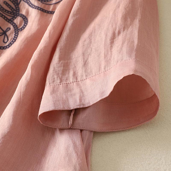 Camiseta informal de algodón y lino para mujer, de media manga, con cuello en V y bordado de Buddha Stones - image 15