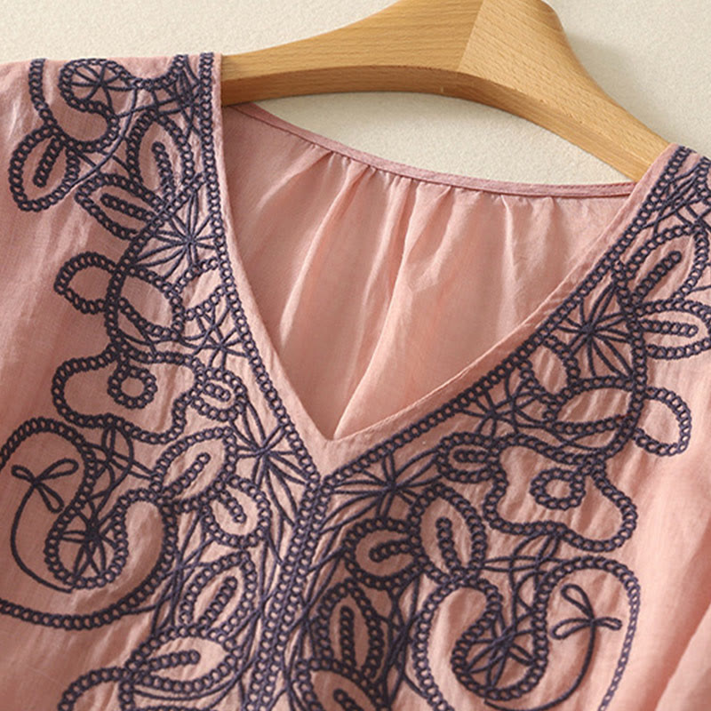 Camiseta informal de algodón y lino para mujer, de media manga, con cuello en V y bordado de Buddha Stones - image 14