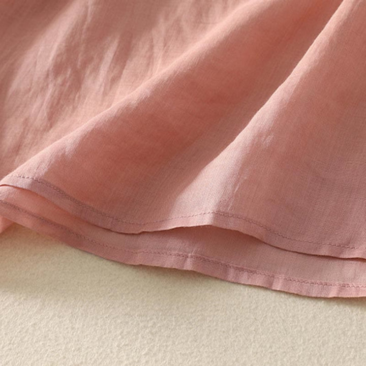 Camiseta informal de algodón y lino para mujer, de media manga, con cuello en V y bordado de Buddha Stones - image 16