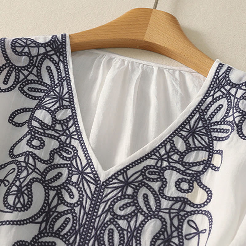 Camiseta informal de algodón y lino para mujer, de media manga, con cuello en V y bordado de Buddha Stones - image 21