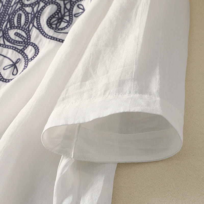 Camiseta informal de algodón y lino para mujer, de media manga, con cuello en V y bordado de Buddha Stones - image 24