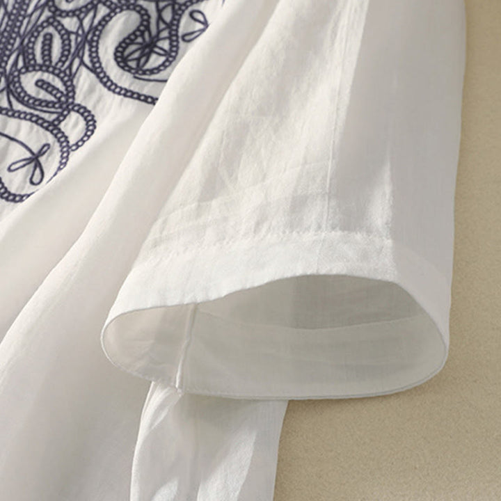 Camiseta informal de algodón y lino para mujer, de media manga, con cuello en V y bordado de Buddha Stones - image 24