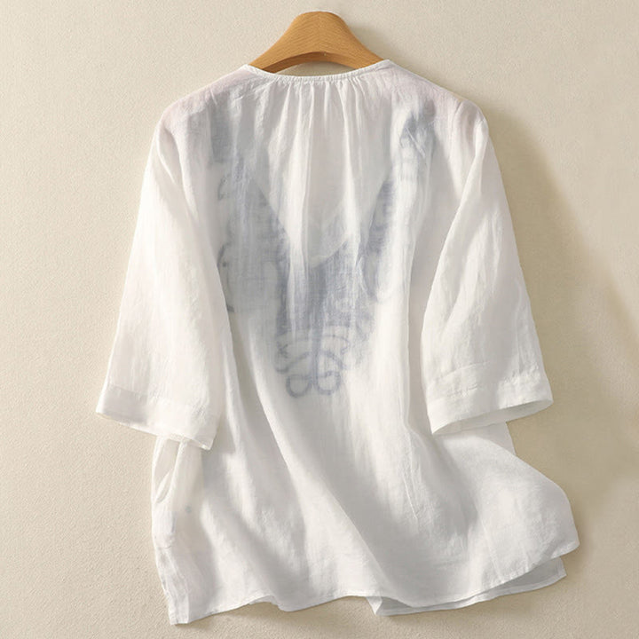 Camiseta informal de manga corta para mujer con cuello en V y bordado de Buddha Stones - image 20