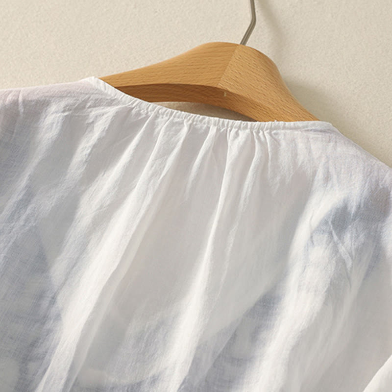 Camiseta informal de algodón y lino para mujer, de media manga, con cuello en V y bordado de Buddha Stones - image 22