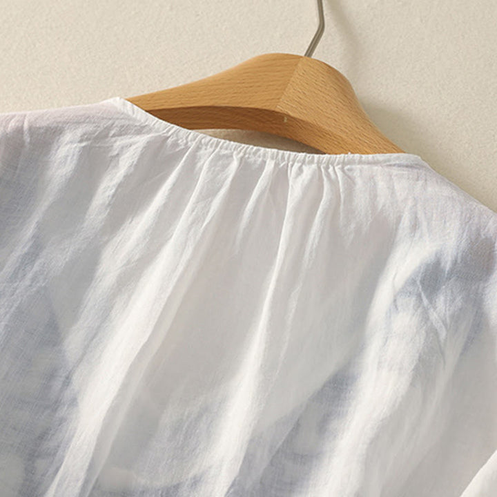 Camiseta informal de algodón y lino para mujer, de media manga, con cuello en V y bordado de Buddha Stones - image 22