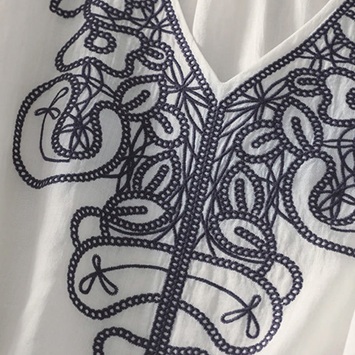 Camiseta informal de algodón y lino para mujer, de media manga, con cuello en V y bordado de Buddha Stones - image 27