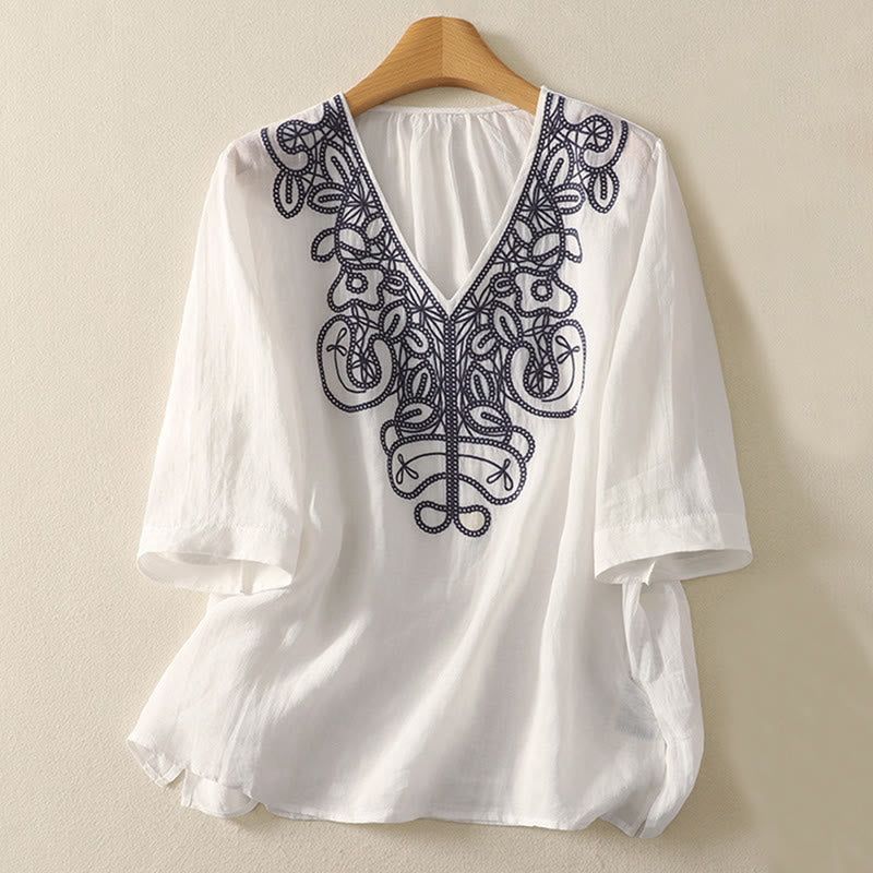 Camiseta informal de algodón y lino para mujer, de media manga, con cuello en V y bordado de Buddha Stones - Blanco - US14，UK/AU18，EU46 (2XL) - image 19