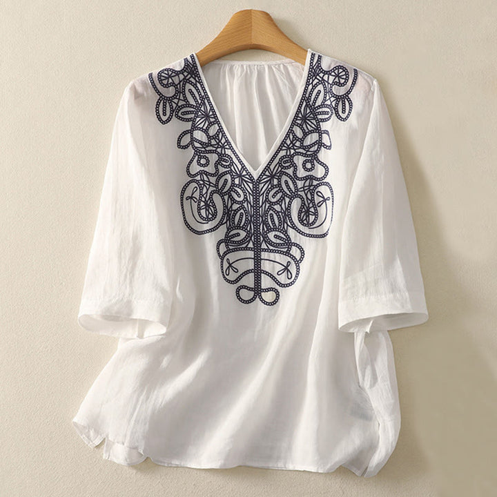 Camiseta informal de algodón y lino para mujer, de media manga, con cuello en V y bordado de Buddha Stones - Blanco - US14，UK/AU18，EU46 (2XL) - image 18