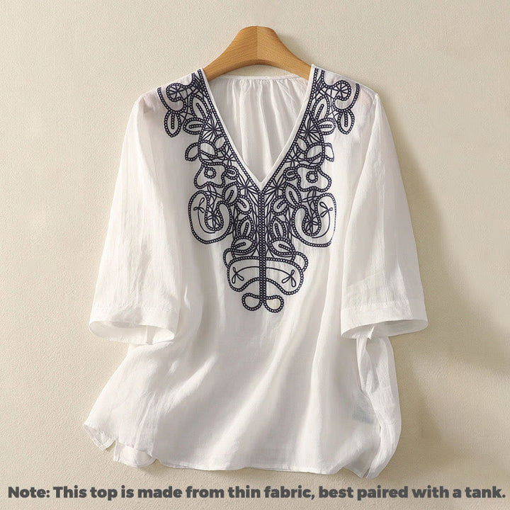 Camiseta informal de algodón y lino para mujer, de media manga, con cuello en V y bordado de Buddha Stones - image 19