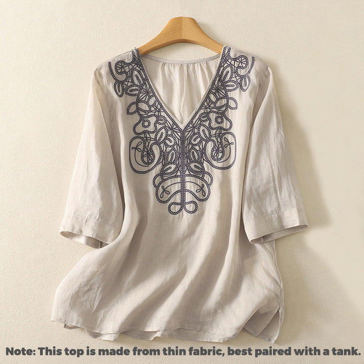 Camiseta informal de algodón y lino para mujer, de media manga, con cuello en V y bordado de Buddha Stones - image 1