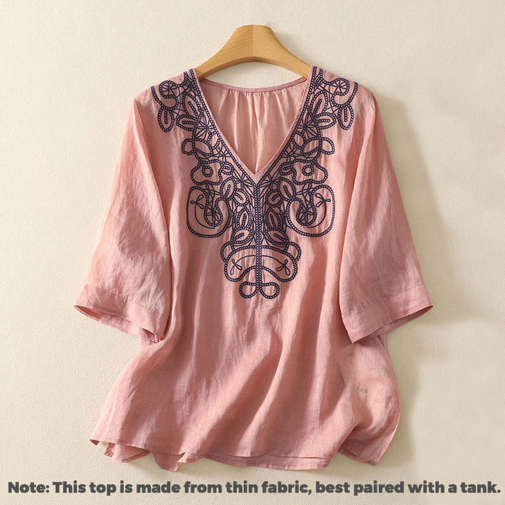 Camiseta informal de algodón y lino para mujer, de media manga, con cuello en V y bordado de Buddha Stones - image 13