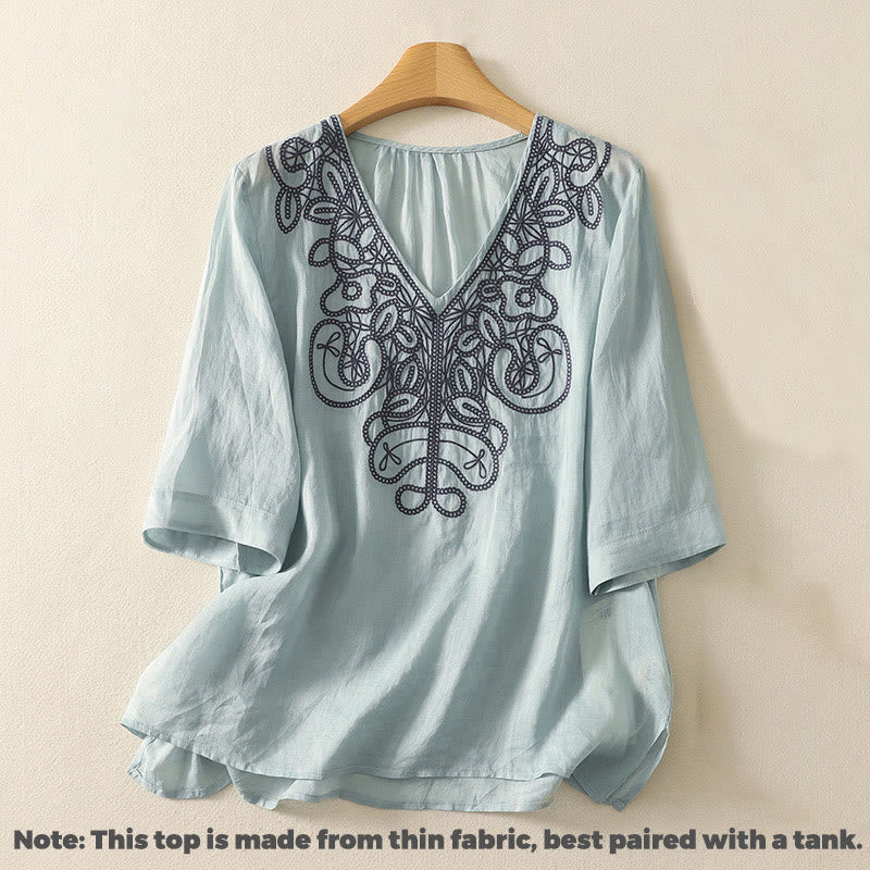 Camiseta informal de algodón y lino para mujer, de media manga, con cuello en V y bordado de Buddha Stones - image 7