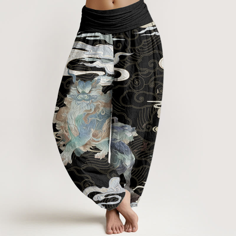 Pantalones harén de algodón puro con diseño de nubes auspiciosas y Buddha Stones para mujer, cintura elástica - Azul polvo - US22，UK/AU26，EU54 (6XL) - image 0