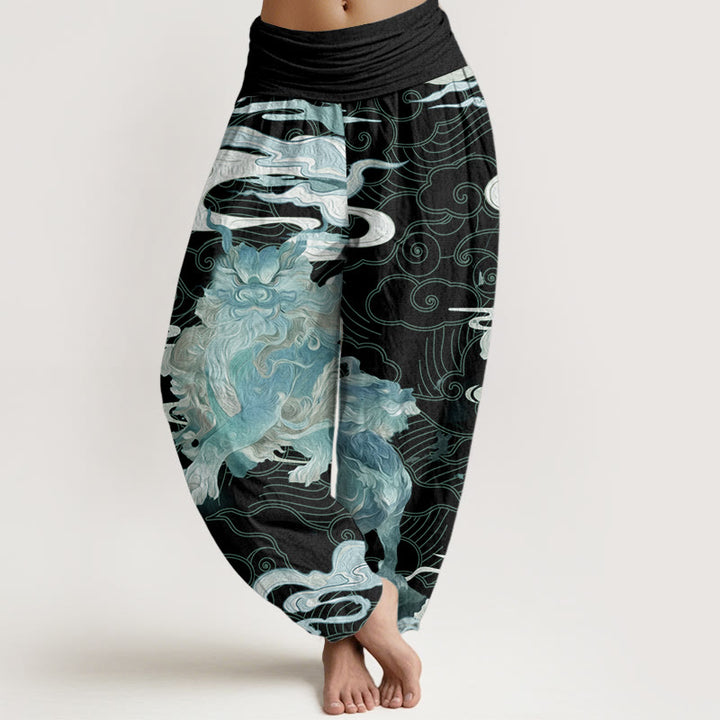 Pantalones harén de algodón puro con diseño de nubes auspiciosas y Buddha Stones para mujer, cintura elástica - Cian - US22，UK/AU26，EU54 (6XL) - image 9