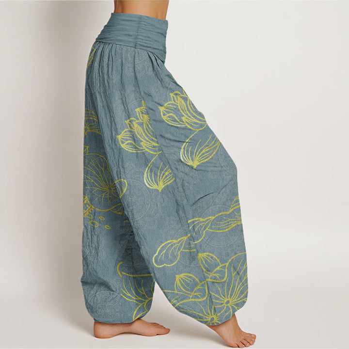 Pantalones harén de algodón puro con estampado de mandala de loto dorado y Buddha Stones para mujer, cintura elástica - image 2