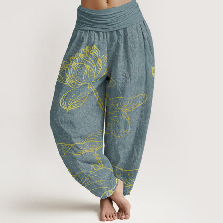 Pantalones harén de algodón puro con estampado de mandala de loto dorado y Buddha Stones para mujer, cintura elástica