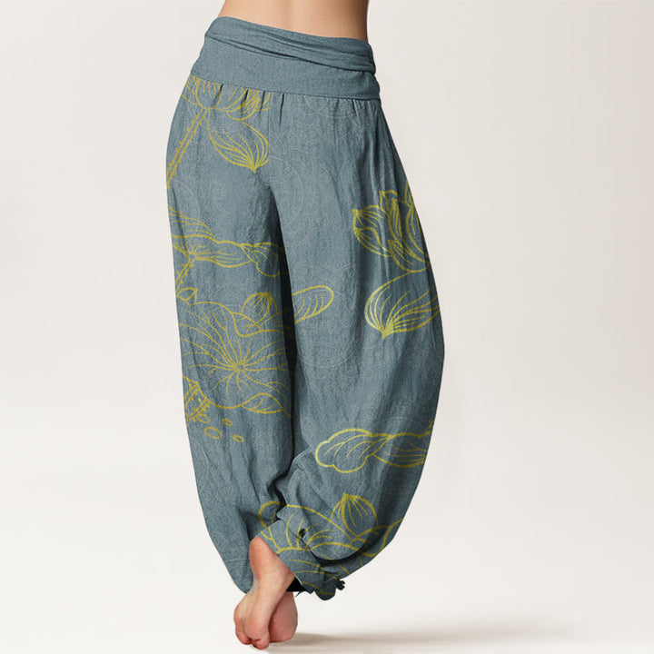 Pantalones harén de algodón puro con estampado de mandala de loto dorado y Buddha Stones para mujer, cintura elástica
