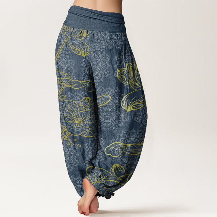 Pantalones harén de algodón puro con estampado de mandala de loto dorado y Buddha Stones para mujer, cintura elástica - image 7