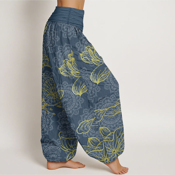 Pantalones harén de algodón puro con estampado de mandala de loto dorado y Buddha Stones para mujer, cintura elástica - image 8