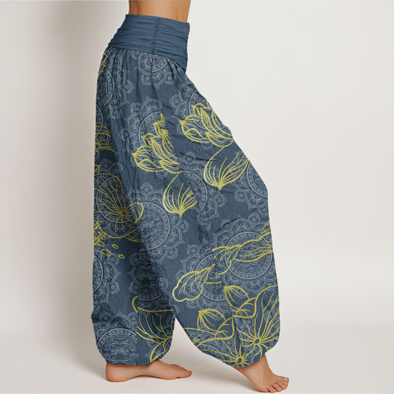 Pantalones harén de algodón puro con estampado de mandala de loto dorado y Buddha Stones para mujer, cintura elástica