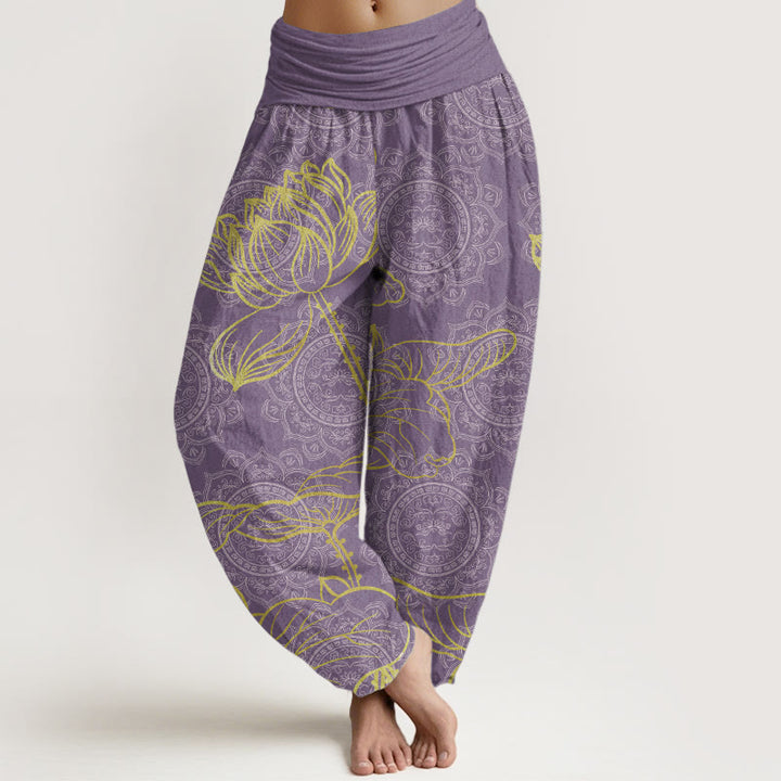 Pantalones harén de algodón puro con estampado de mandala de loto dorado y Buddha Stones para mujer, cintura elástica - Orquídea mediana - US22，UK/AU26，EU54 (6XL) - image 9