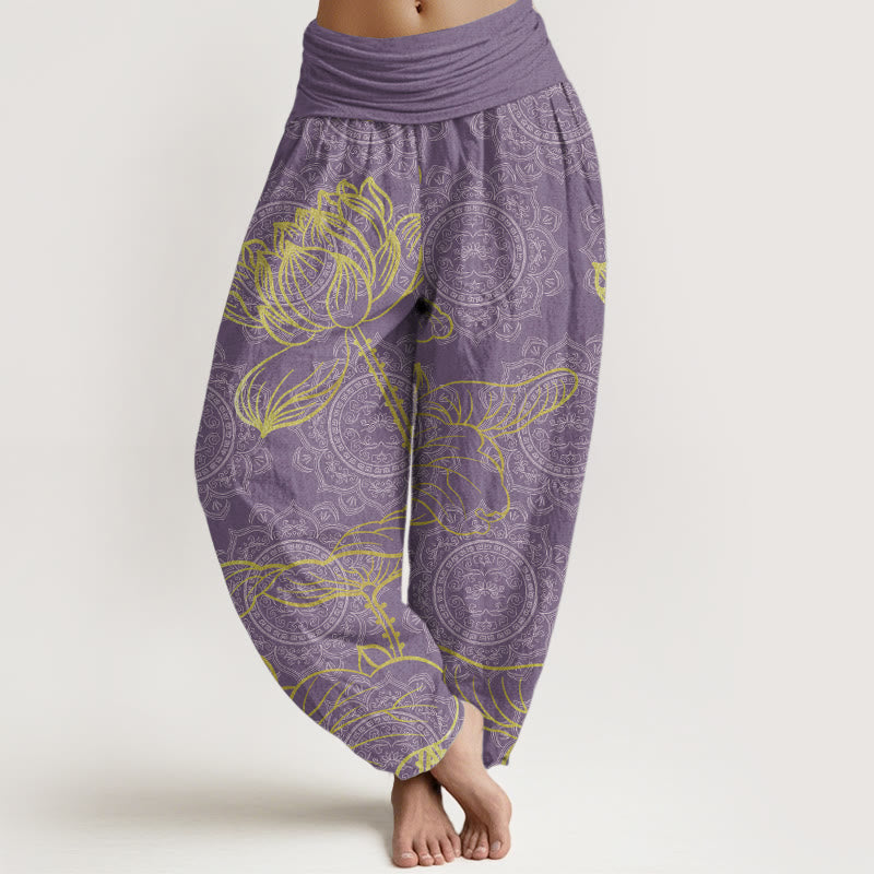 Pantalones harén de algodón puro con estampado de mandala de loto dorado y Buddha Stones para mujer, cintura elástica - Orquídea mediana - US22，UK/AU26，EU54 (6XL) - image 9