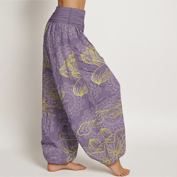Pantalones harén de algodón puro con estampado de mandala de loto dorado y Buddha Stones para mujer, cintura elástica - image 11