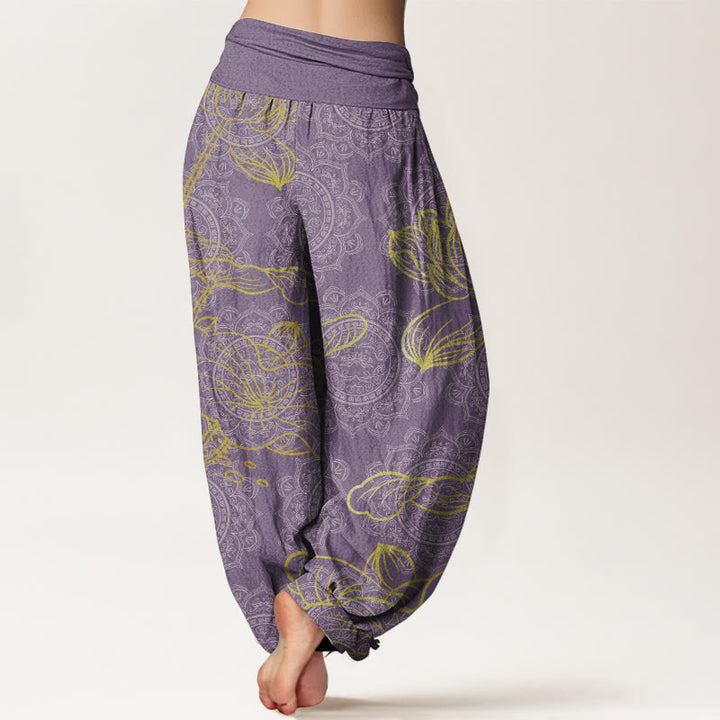 Pantalones harén de algodón puro con estampado de mandala de loto dorado y Buddha Stones para mujer, cintura elástica - image 10