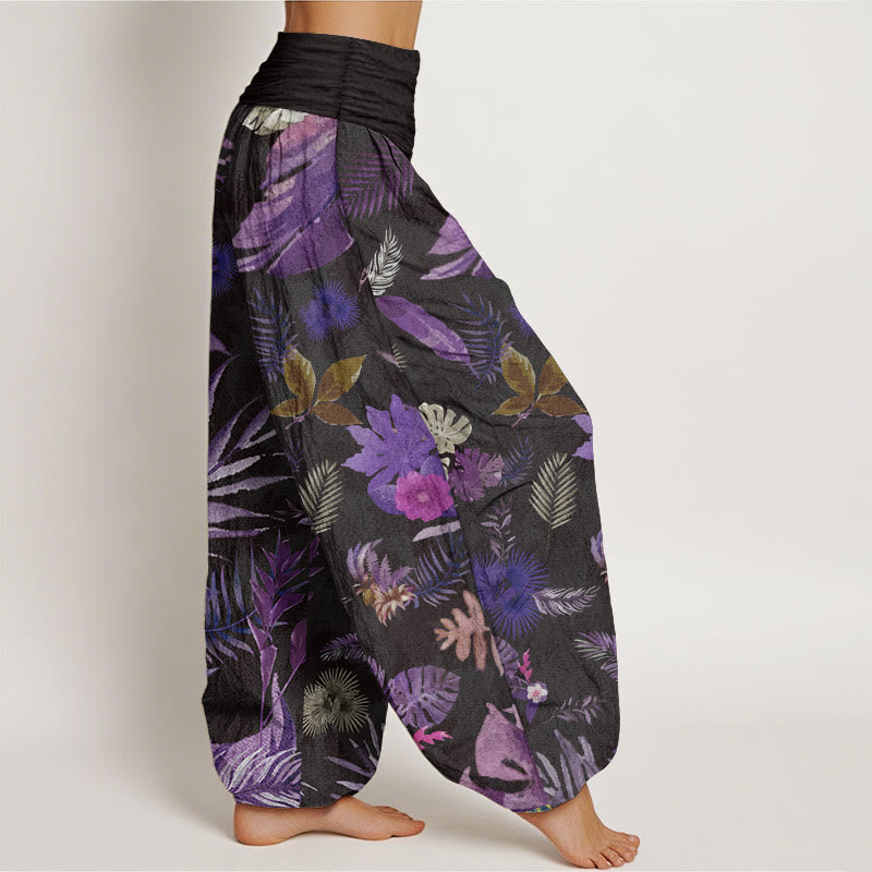 Pantalones Buddha Stones de algodón puro con estampado de follaje tropical colorido para mujer, cintura elástica