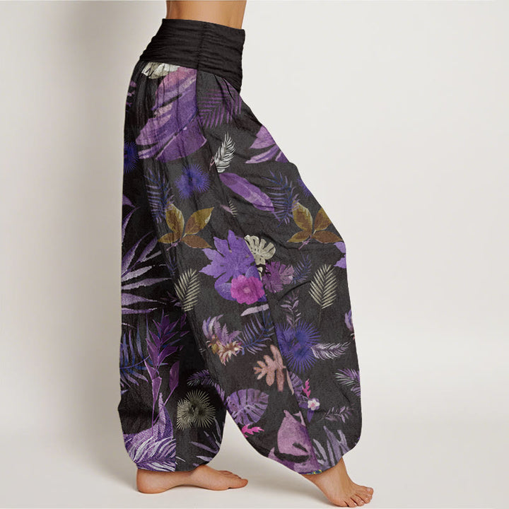 Pantalones Buddha Stones de algodón puro con estampado de follaje tropical colorido para mujer, cintura elástica