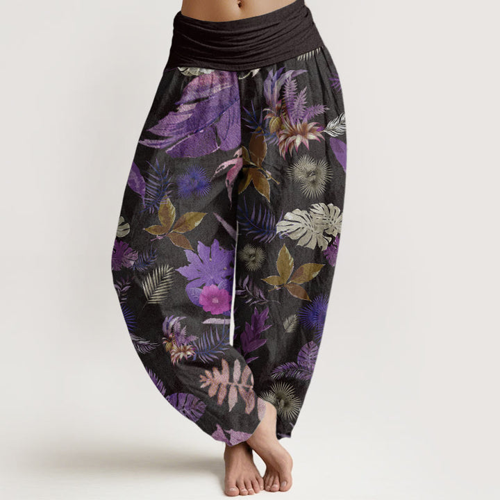 Pantalones Buddha Stones de algodón puro con estampado de follaje tropical colorido para mujer, cintura elástica