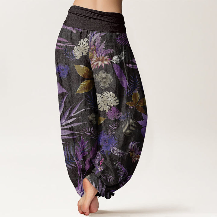 Pantalones Buddha Stones de algodón puro con estampado de follaje tropical colorido para mujer, cintura elástica