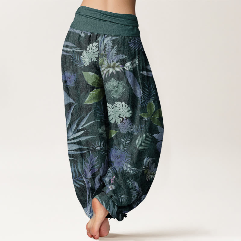 Pantalones Buddha Stones de algodón puro con estampado de follaje tropical colorido para mujer, cintura elástica